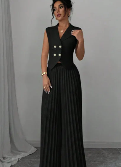 Summer Sleeveless Suit Fashion Lapel Button Vest Top And Pleated Straight Pants Women's Trousers Set Clothing