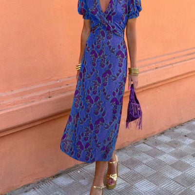 Summer V-neck Short-sleeved Flower Dress Printed