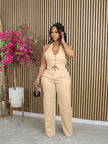 Solid-color V-neck Halter Blazer Vest And Pants Set