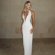 V Neck Spliced Underwire Halter Bodycon Pleated Patchwork Maxi Dress