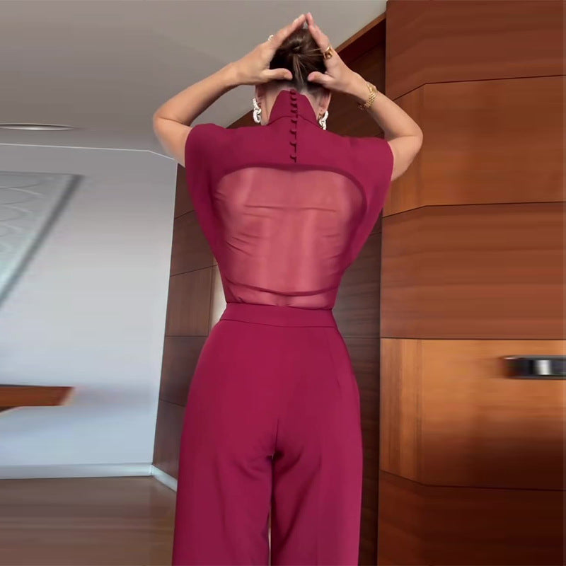 High-neck Mesh-panel Sleeveless Top And Wide-leg Pants Two-piece Set