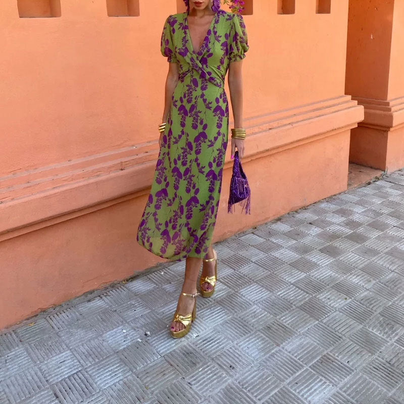 Summer V-neck Short-sleeved Flower Dress Printed