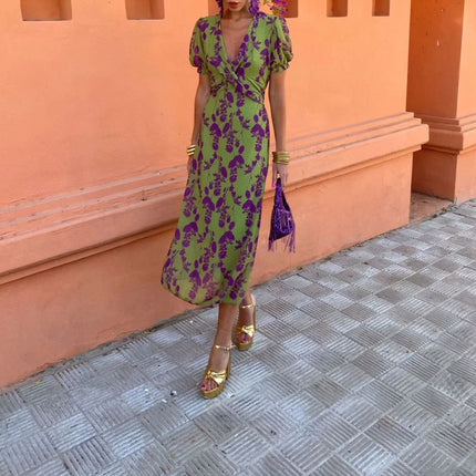 Summer V-neck Short-sleeved Flower Dress Printed