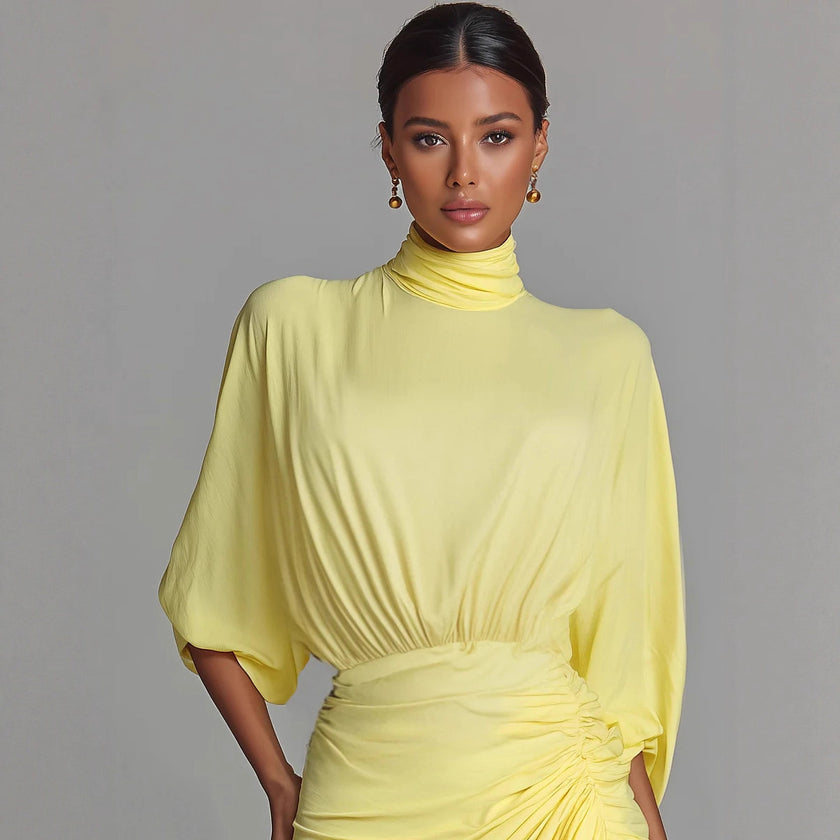 Elegant Yellow Pleated Waist-cinched Dress High-neck Long Dress