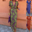 Summer V-neck Short-sleeved Flower Dress Printed