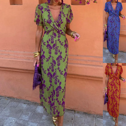 Summer V-neck Short-sleeved Flower Dress Printed