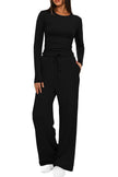 2 Pieces Women's Suit Autumn Winte Long Sleeve Tops High Waisted Wide Leg Pants Sportswear Female Clothes Solid Color Casual Suit