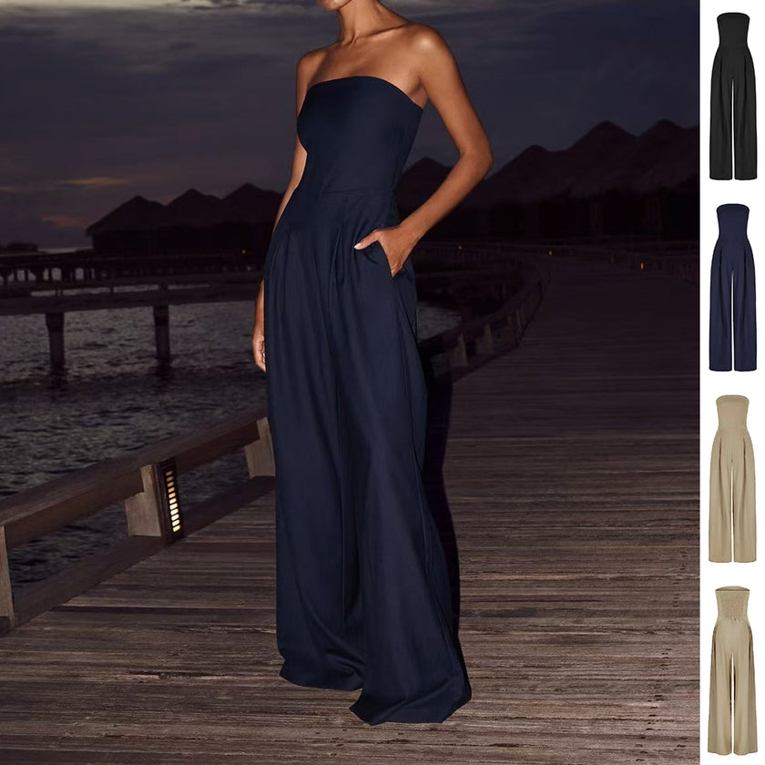 Loose Tube-top Backless Jumpsuit Wide Leg Long Pants Overalls