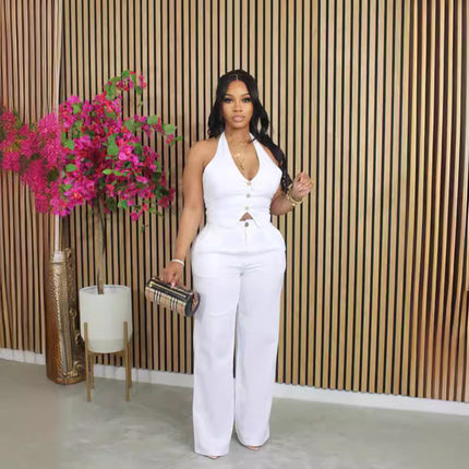 Solid-color V-neck Halter Blazer Vest And Pants Set