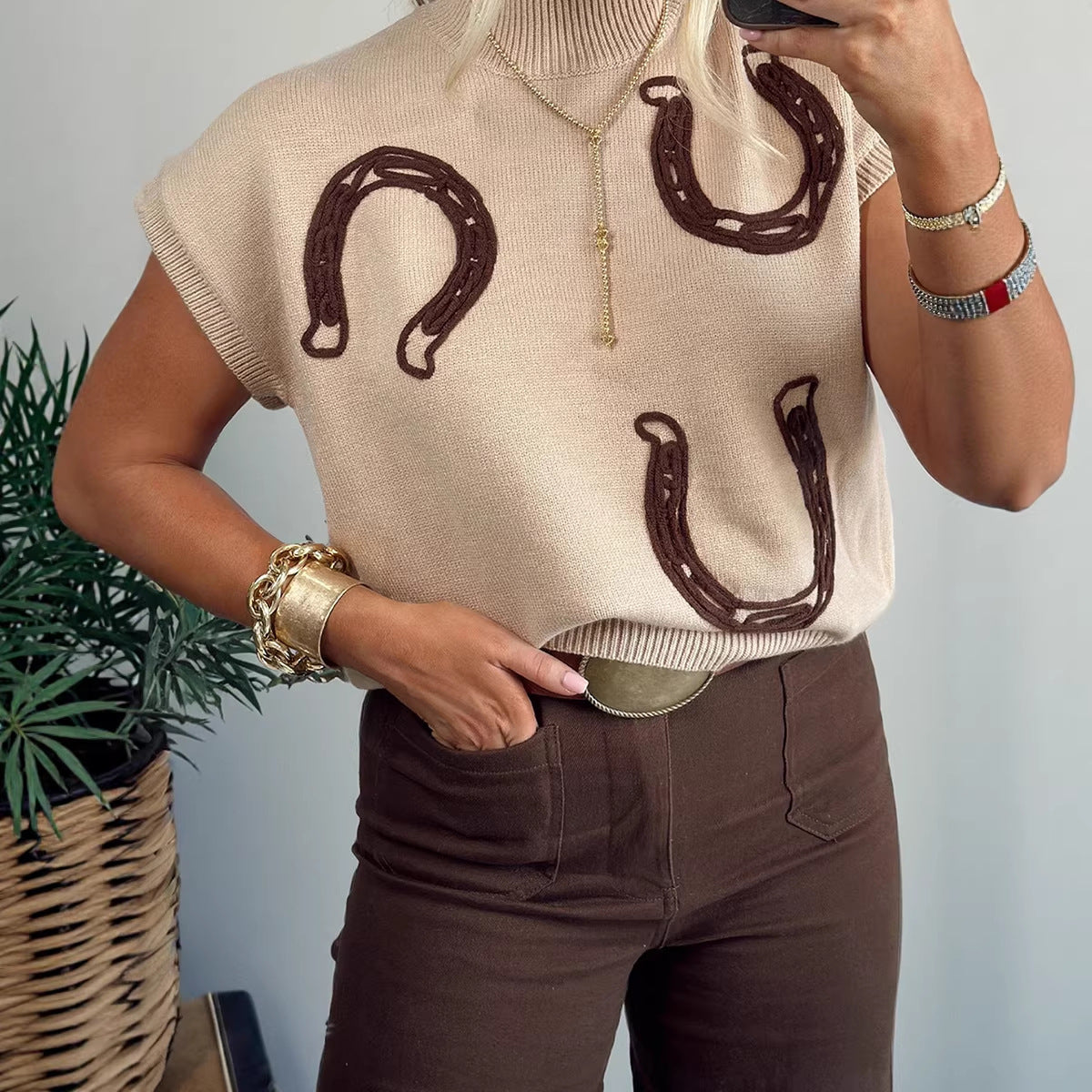 Womens Casual Colorblock Embroidered Loose Sweater