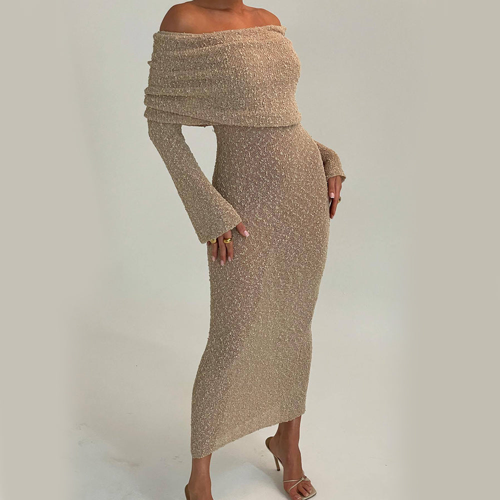 One-shoulder Knitted Long-sleeved Sexy Beach Holiday Long Dresses