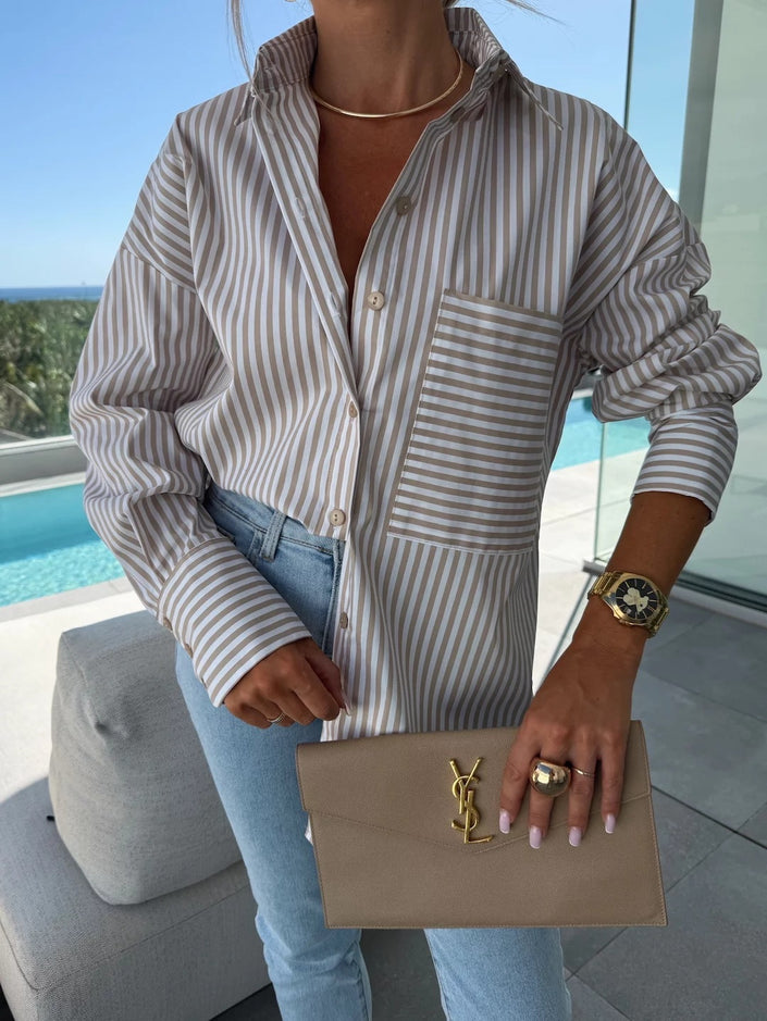 Spring Summer Long Sleeve Striped Lapel Shirt with Irregular Hem Button Placket