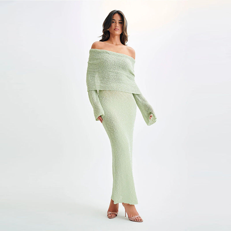 One-shoulder Knitted Long-sleeved Sexy Beach Holiday Long Dresses