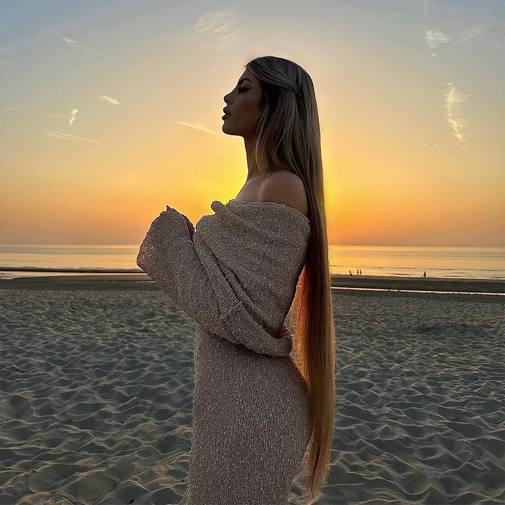 One-shoulder Knitted Long-sleeved Sexy Beach Holiday Long Dresses