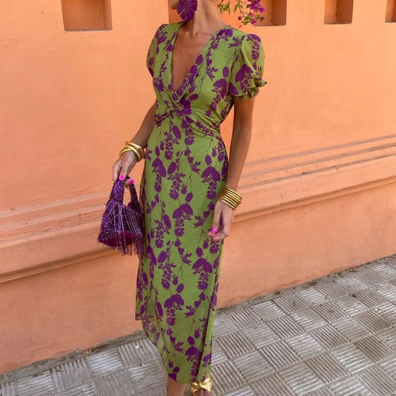 Summer V-neck Short-sleeved Flower Dress Printed