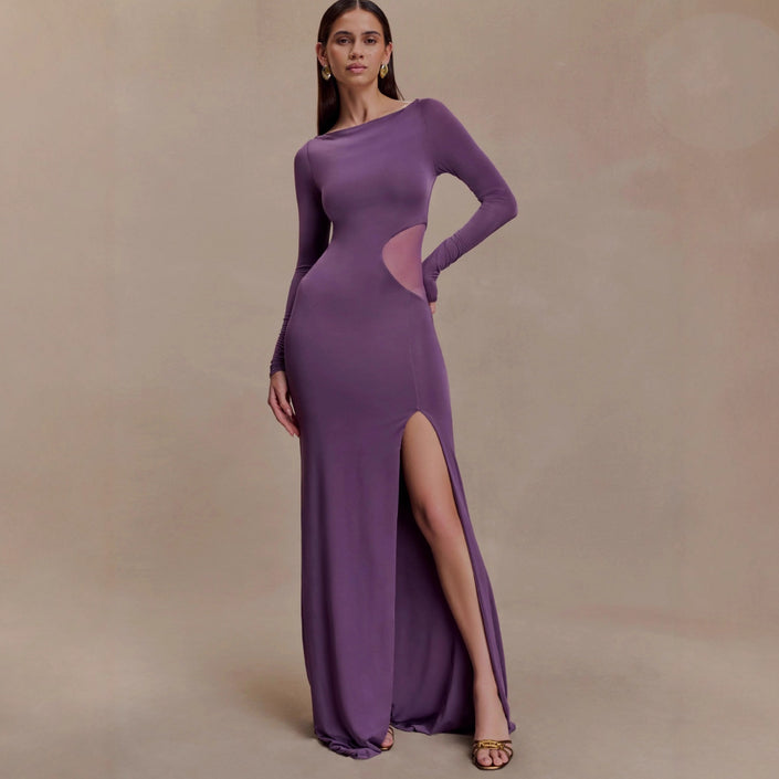Womens Long Sleeve Off Shoulder Slit Maxi Dress With Hollow Out And Sheer Details