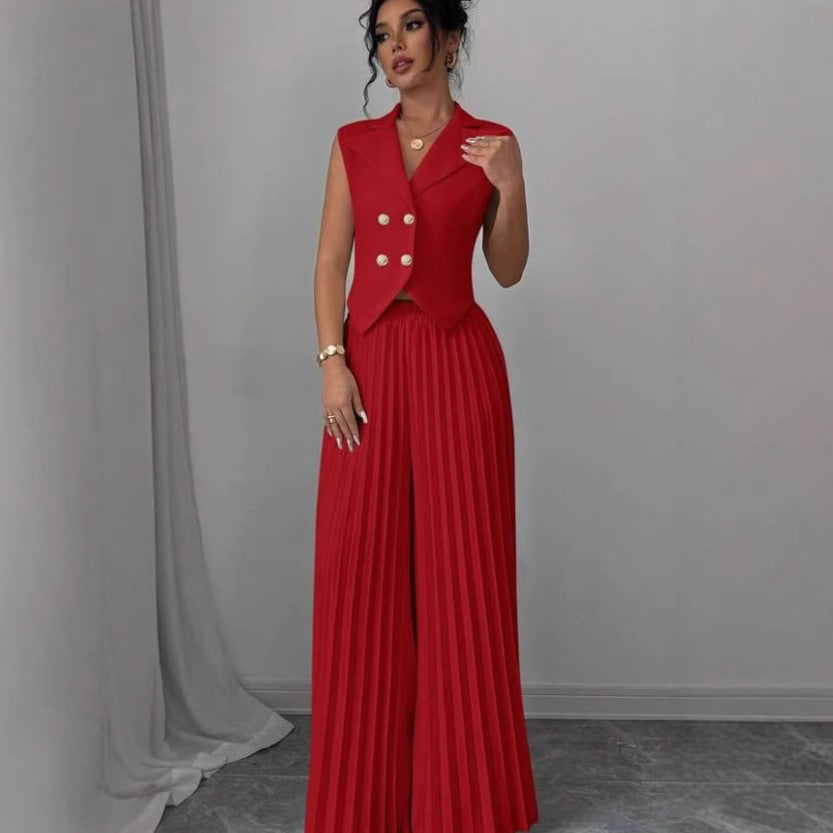 Summer Sleeveless Suit Fashion Lapel Button Vest Top And Pleated Straight Pants Women's Trousers Set Clothing