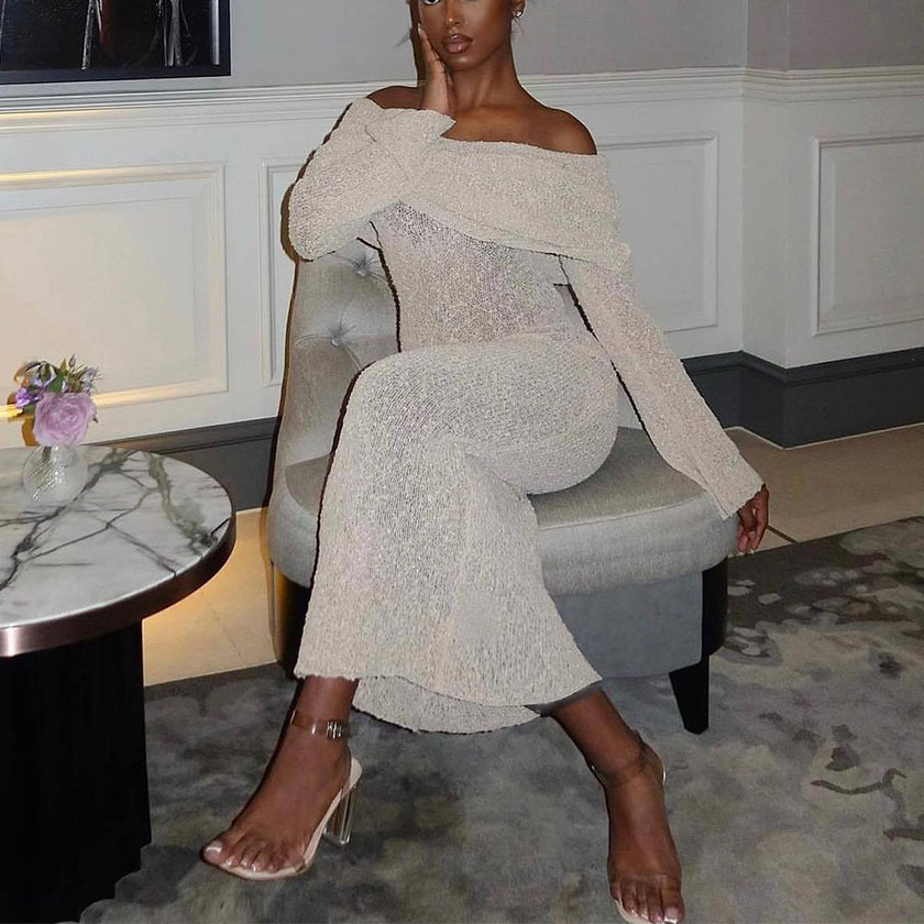 One-shoulder Knitted Long-sleeved Sexy Beach Holiday Long Dresses