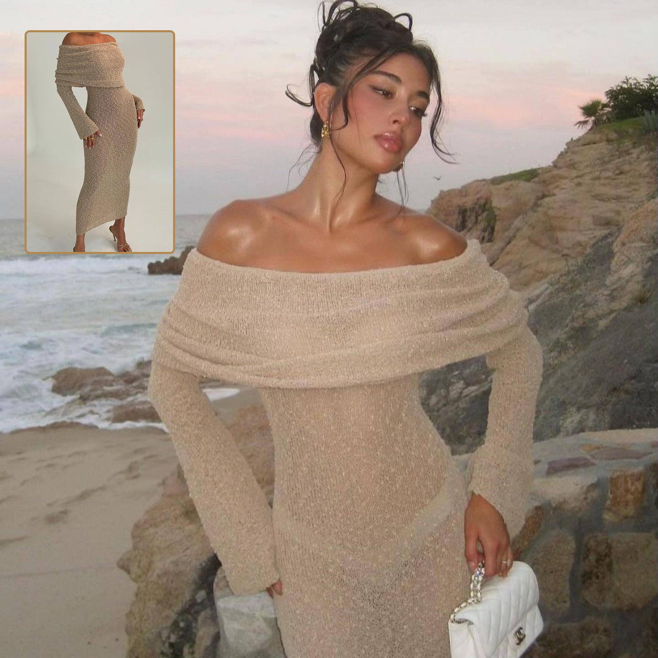 One-shoulder Knitted Long-sleeved Sexy Beach Holiday Long Dresses