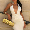 V Neck Spliced Underwire Halter Bodycon Pleated Patchwork Maxi Dress