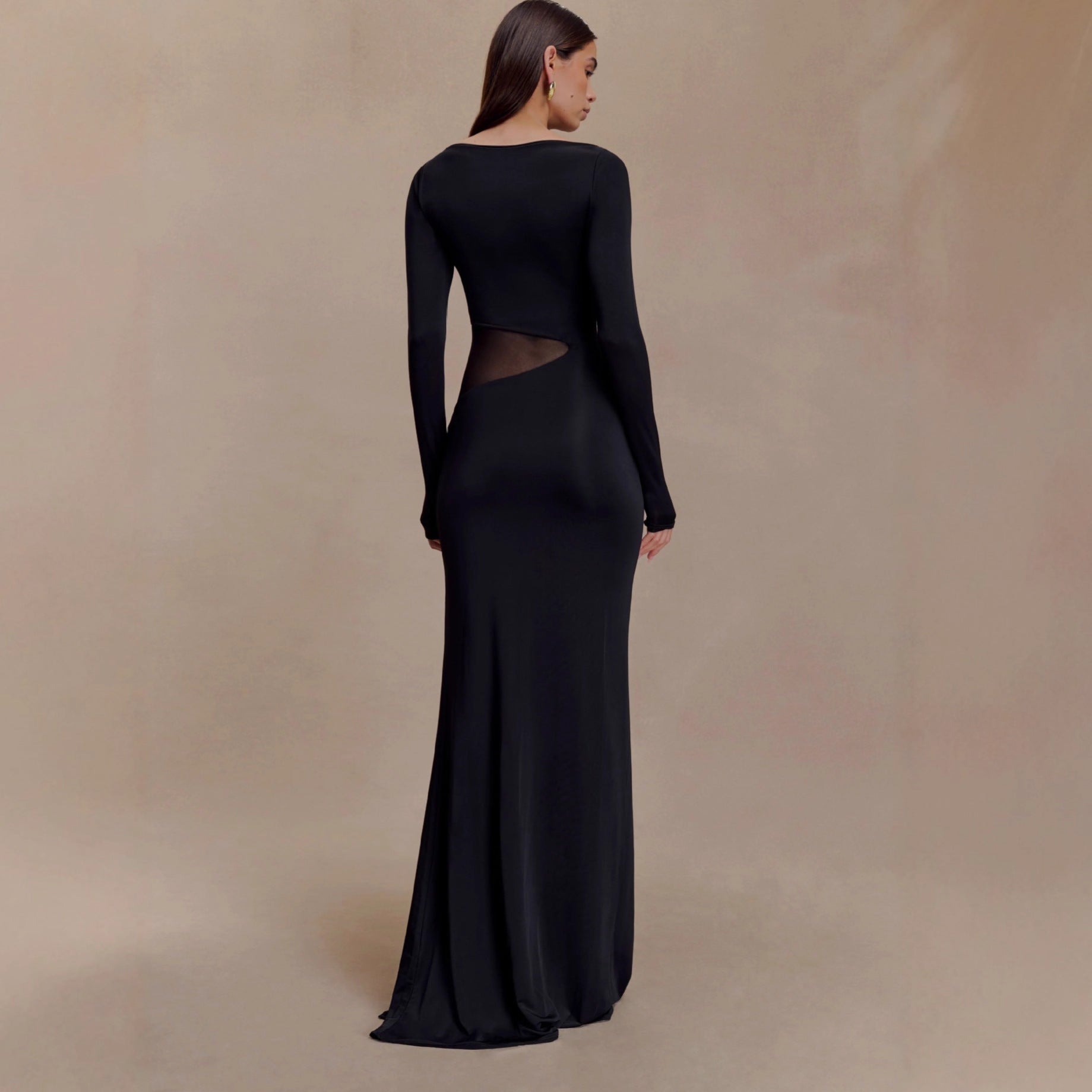 Womens Long Sleeve Off Shoulder Slit Maxi Dress With Hollow Out And Sheer Details