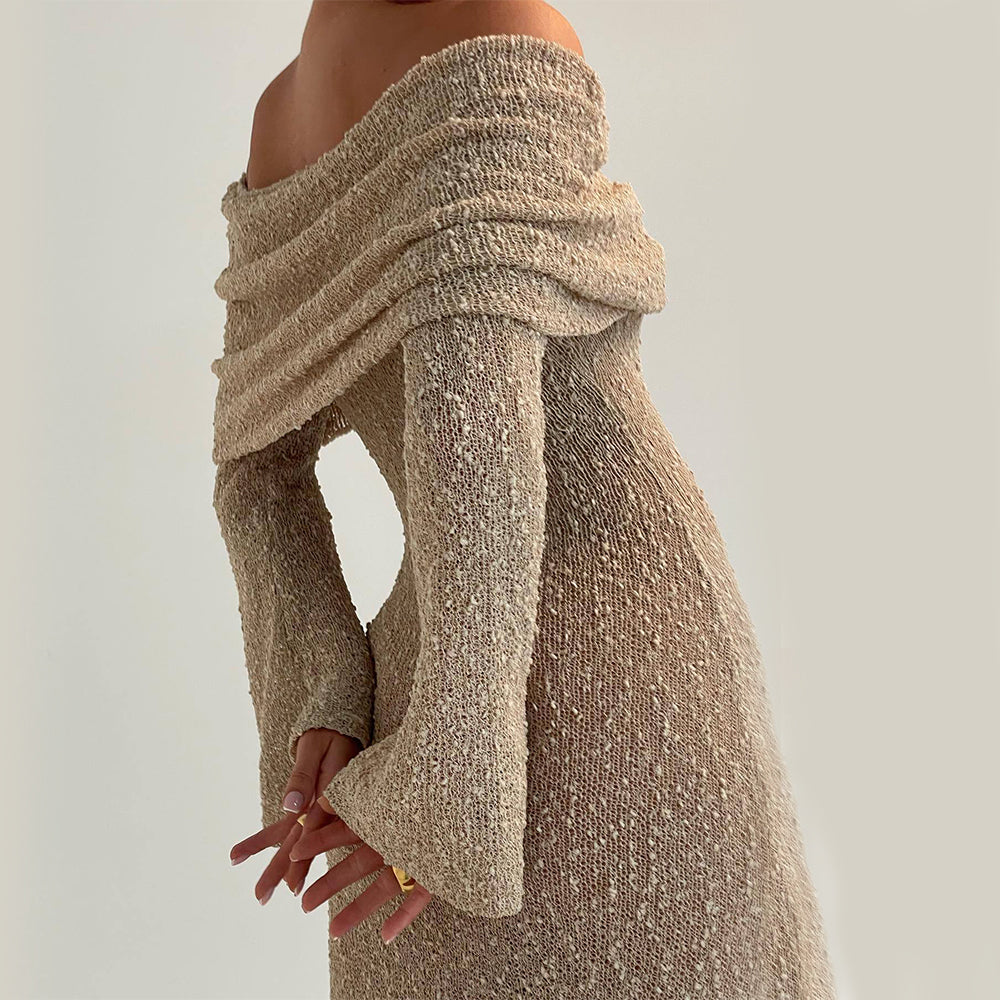 One-shoulder Knitted Long-sleeved Sexy Beach Holiday Long Dresses