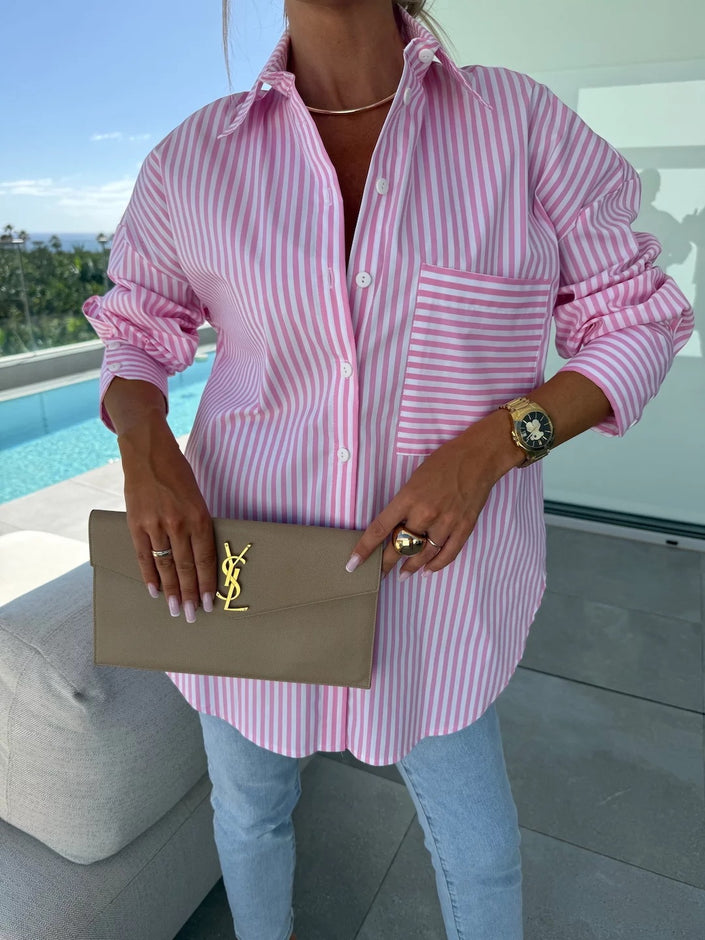 Spring Summer Long Sleeve Striped Lapel Shirt with Irregular Hem Button Placket