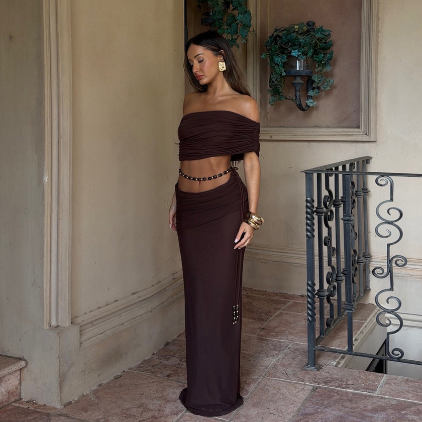 Sexy Pleated Midriff-Baring Tank Top And Skirt Set