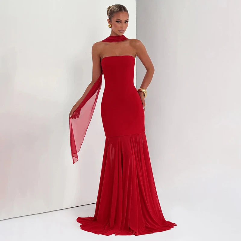 Red Strapless Hugging Mermaid Dress