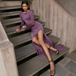 Womens Long Sleeve Off Shoulder Slit Maxi Dress With Hollow Out And Sheer Details