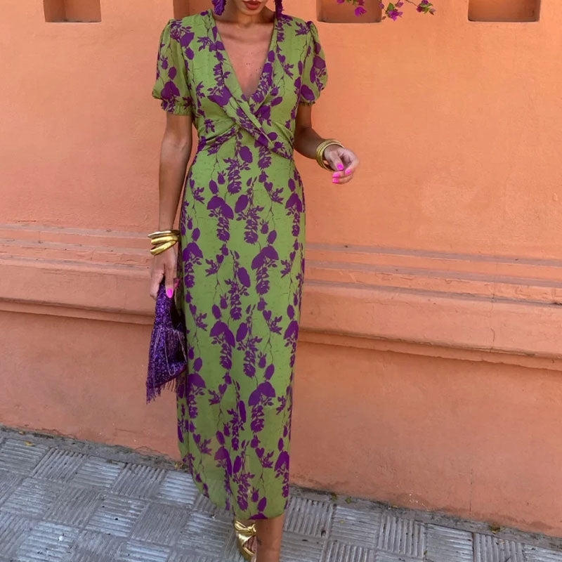 Summer V-neck Short-sleeved Flower Dress Printed