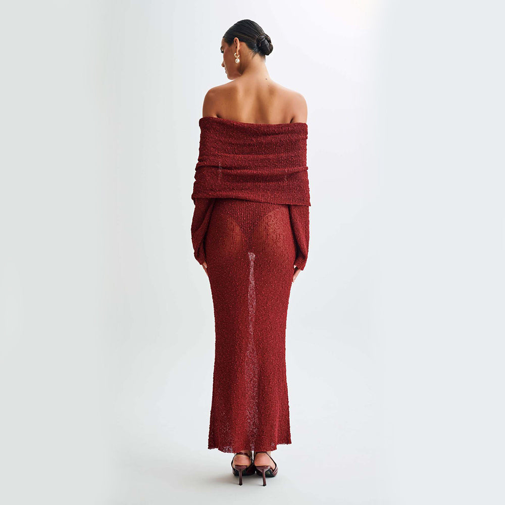 One-shoulder Knitted Long-sleeved Sexy Beach Holiday Long Dresses