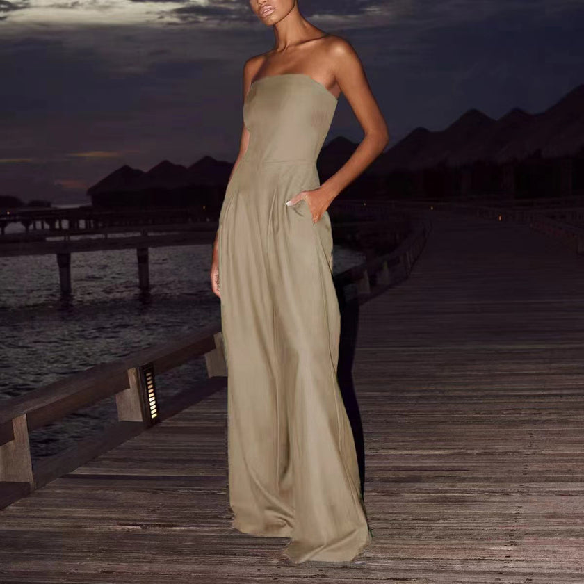 Loose Tube-top Backless Jumpsuit Wide Leg Long Pants Overalls