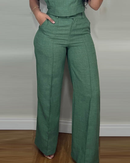 Summer Sleeveless Suit Fashion Round Neck Vest Top And Pocket Straight Pants Casual Trousers Set For Women Clothing