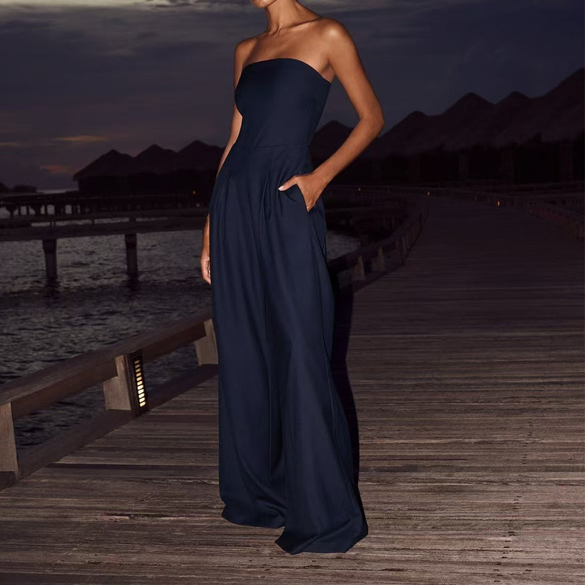 Loose Tube-top Backless Jumpsuit Wide Leg Long Pants Overalls