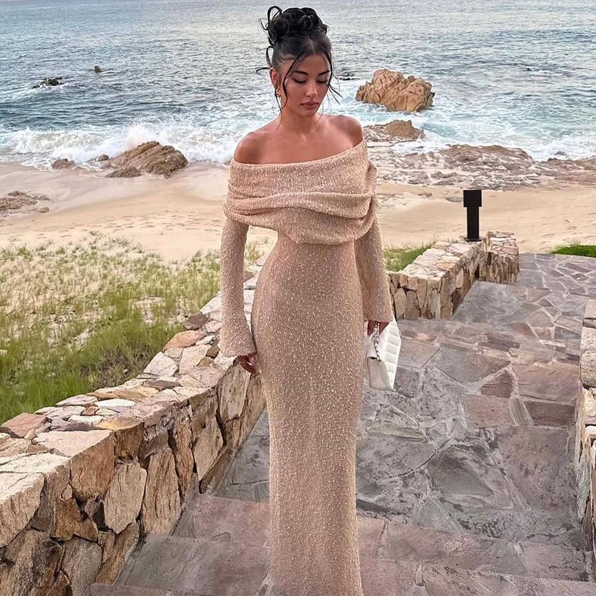 One-shoulder Knitted Long-sleeved Sexy Beach Holiday Long Dresses