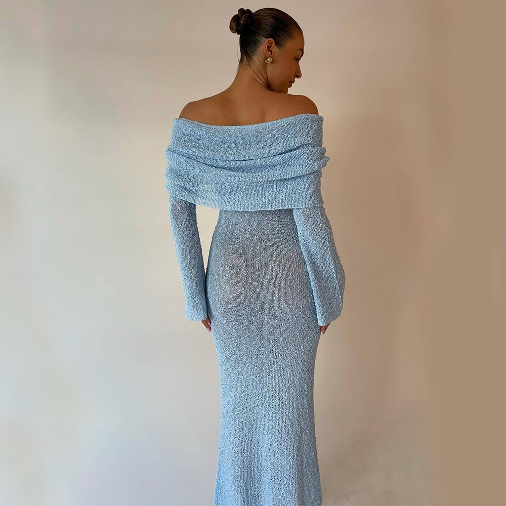 One-shoulder Knitted Long-sleeved Sexy Beach Holiday Long Dresses