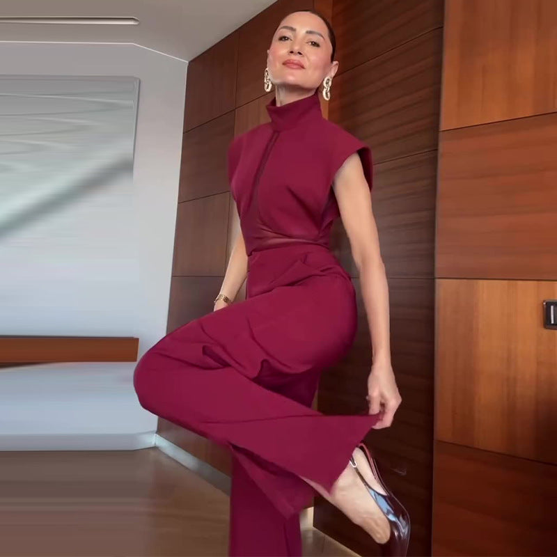 High-neck Mesh-panel Sleeveless Top And Wide-leg Pants Two-piece Set