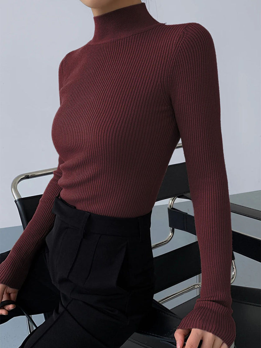Womens Fashionable Tight-Fit Crew-Neck Knitted Top
