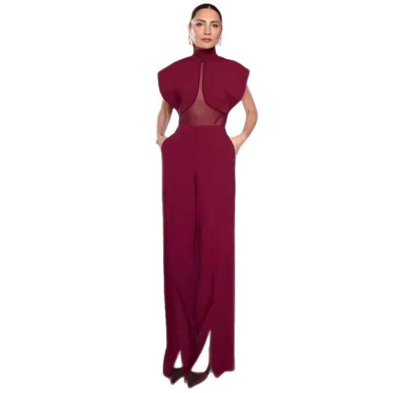 High-neck Mesh-panel Sleeveless Top And Wide-leg Pants Two-piece Set