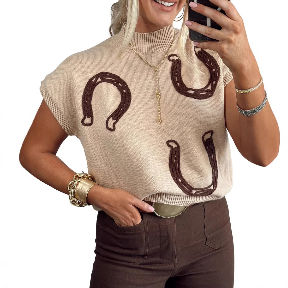 Womens Casual Colorblock Embroidered Loose Sweater