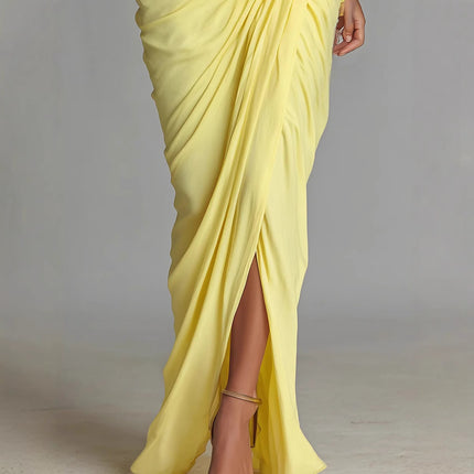 Elegant Yellow Pleated Waist-cinched Dress High-neck Long Dress