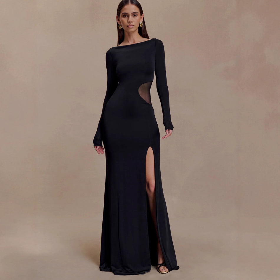 Womens Long Sleeve Off Shoulder Slit Maxi Dress With Hollow Out And Sheer Details